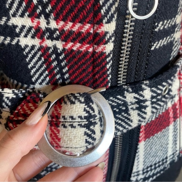 Express Wool Blend Red Plaid Belted Biker Jacket - Picture 4 of 10